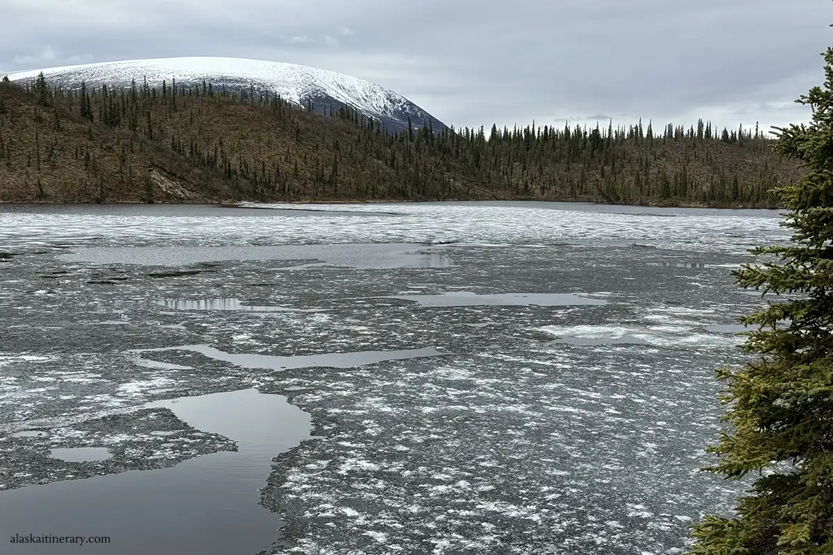 Partly frozen lake along Nabesna Road.