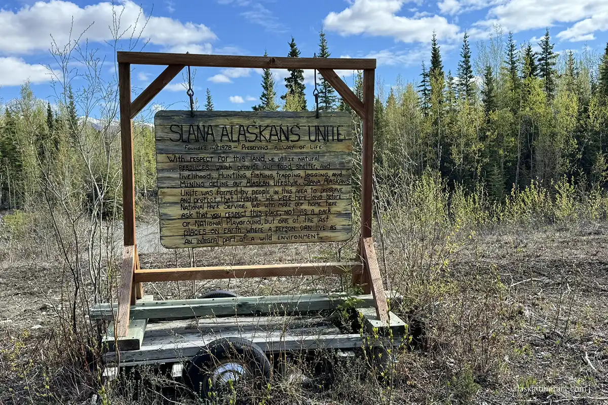 Wooden informative board about Wrangell Mountains.