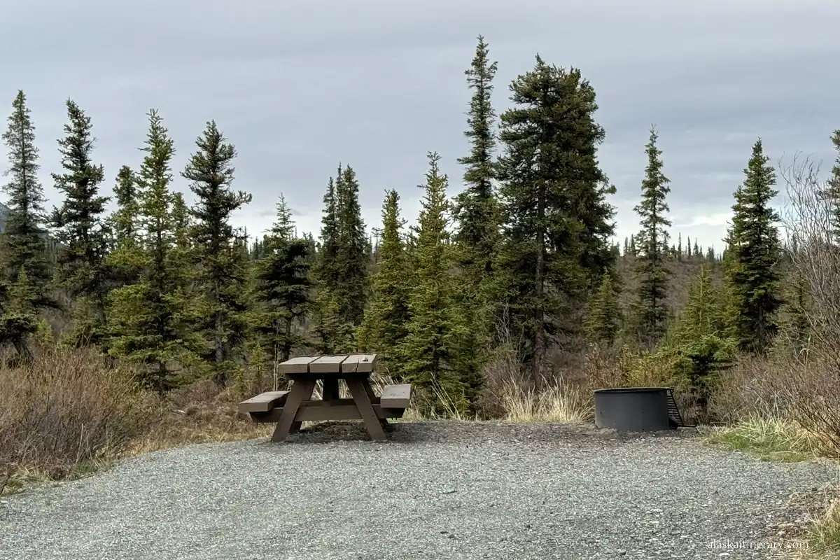 Camping spot along Nabesna Road: fire ring and picnic table.