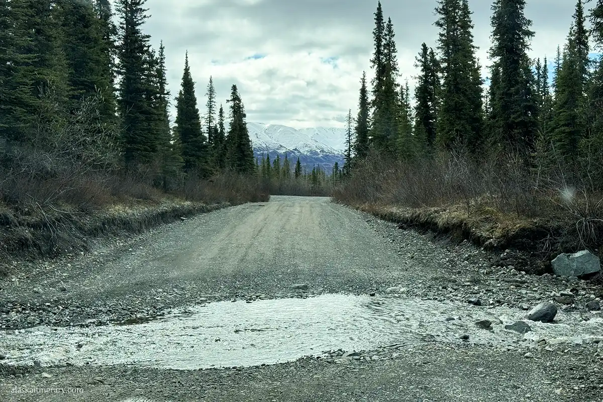 Water crossing after heavy rain on Nabesna Road.