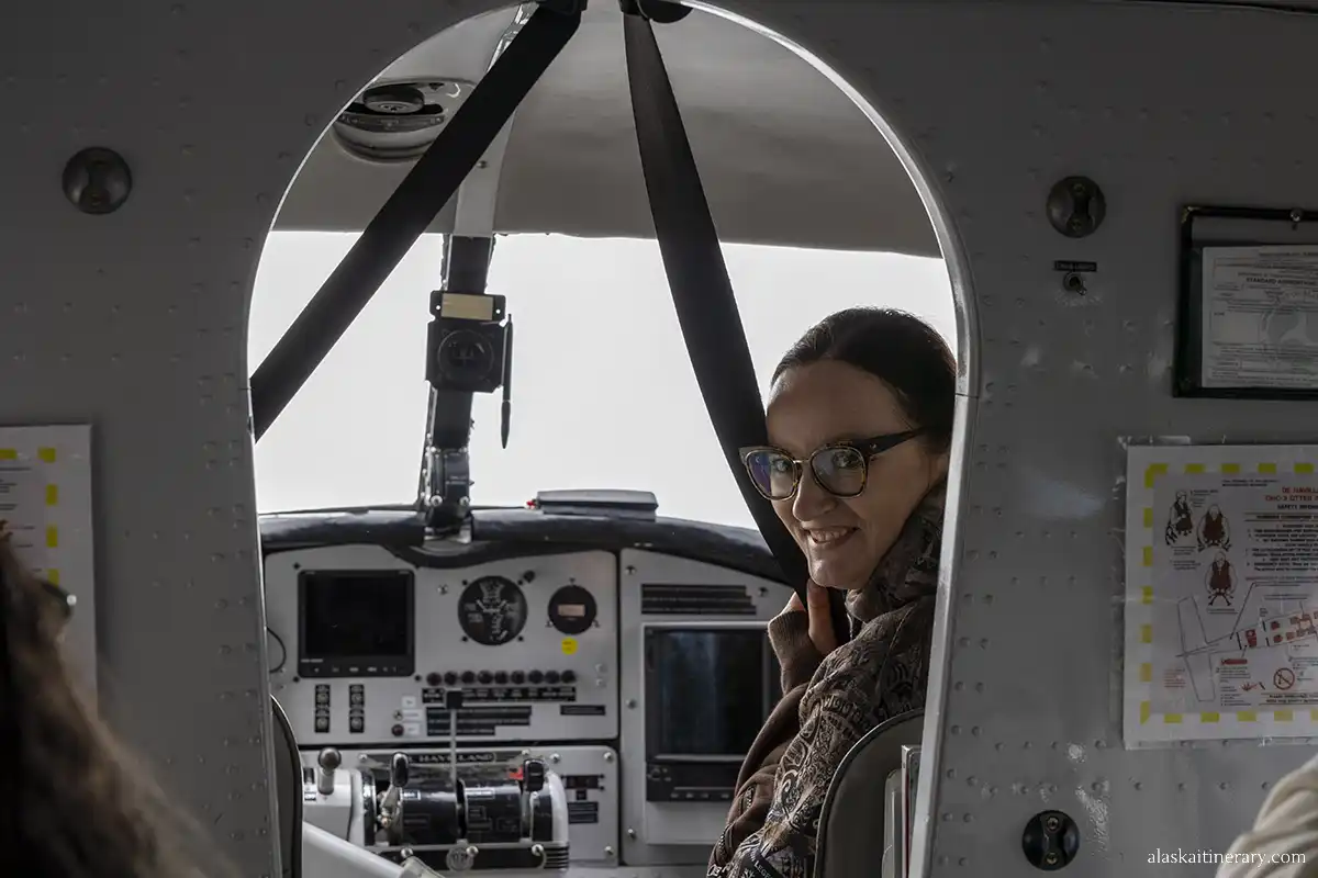 Agnes Stabinska, the author, at the front seat next to the pilot in seaplane in Ketchikan.
