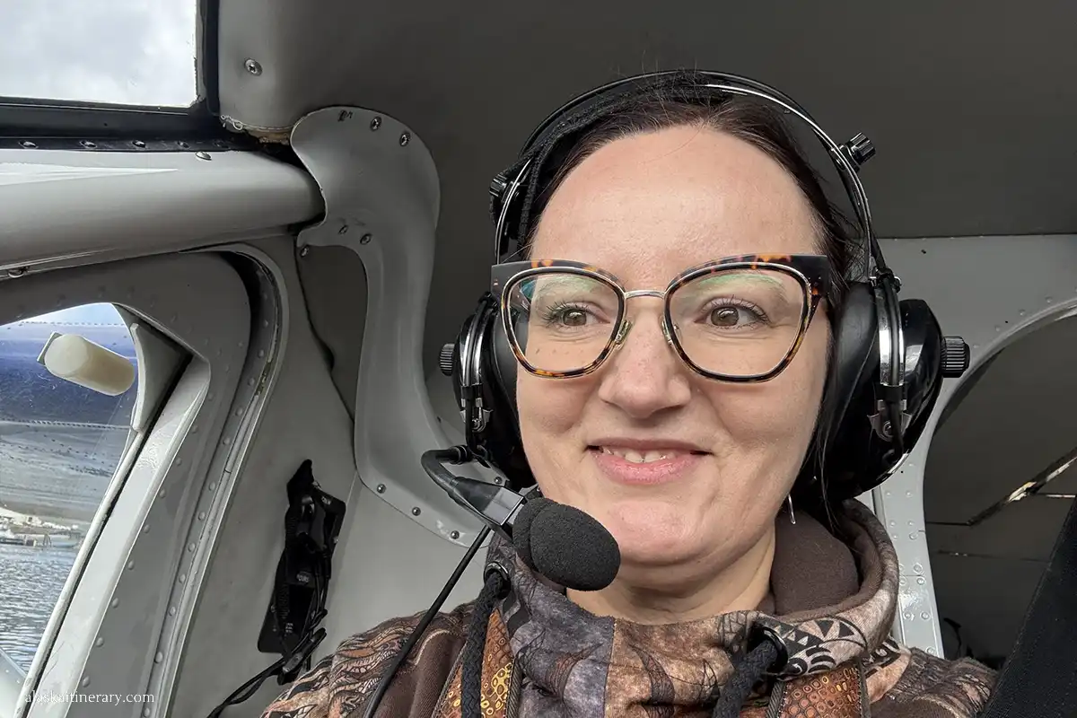 Agnes Stabinska, the author, in a plane, during flightseeing tour in Alaska.