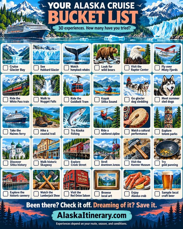 Infographic with 30-experience Alaska cruise checklist with illustrated tiles, empty checkboxes.