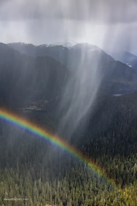 Rainbow over Misty Fjords during flightseeing in Ketchikan.