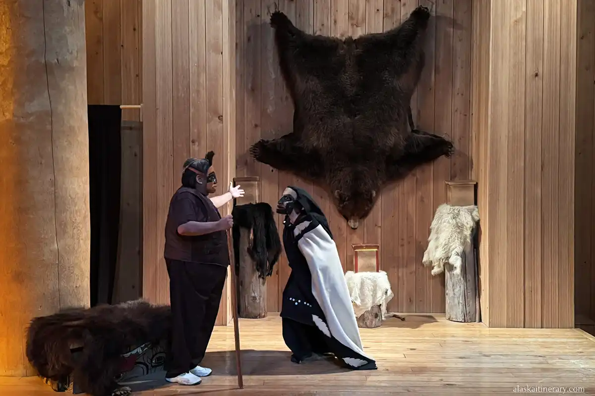 Native Alaskans in mask during tribal dance show at Icy Strait Point.