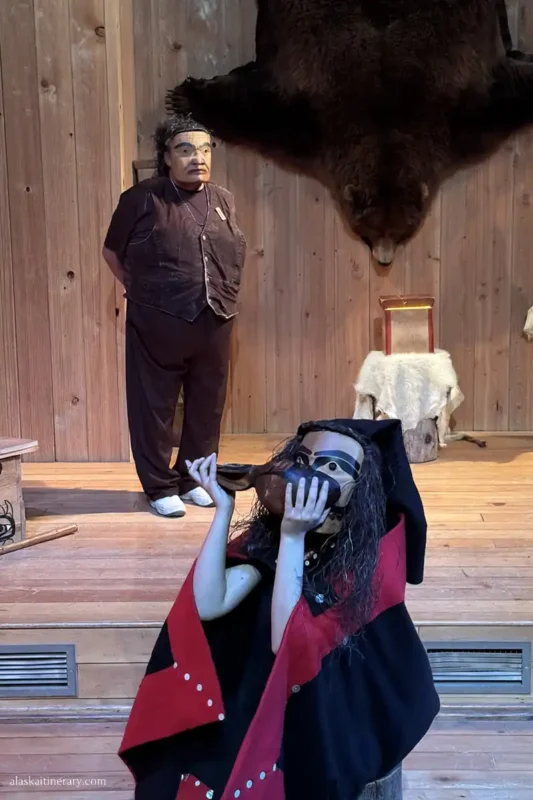Native Alaskans in masks during cultural performance in theather at Icy Strait Point.
