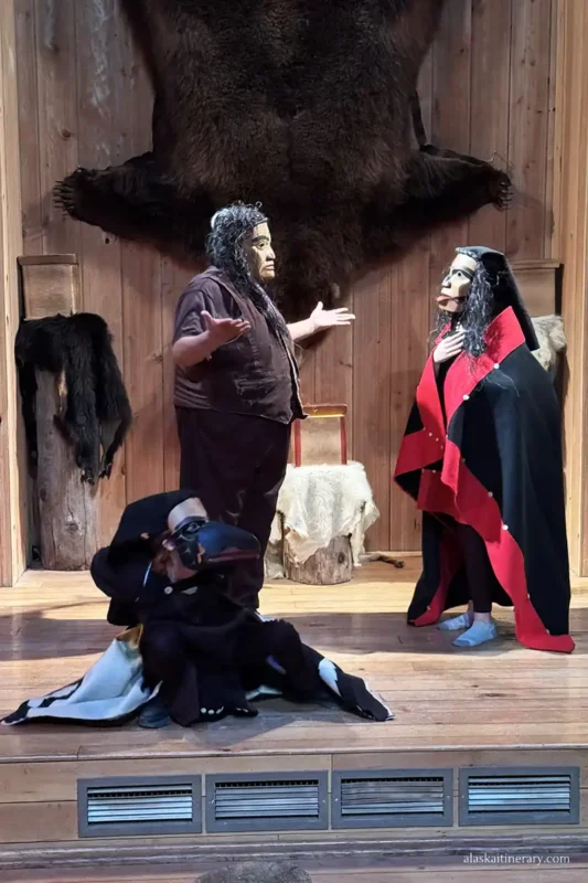Native Alaskans in masks during cultural performance in theather at Icy Strait Point.