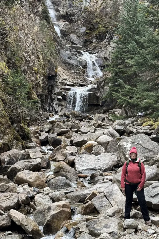 Agnes Stabinska, the author, at the front of the Lower Reid Falls in Skagway.