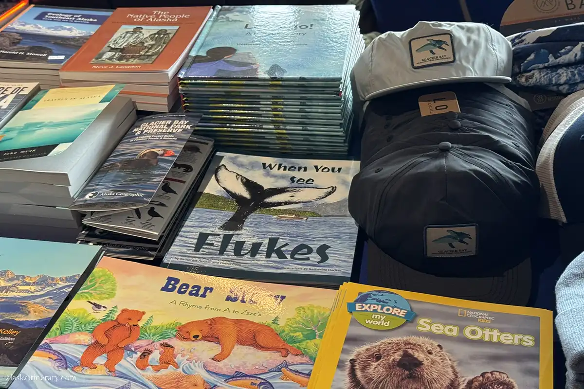 Glacier Bay National Park Souvenirs: hats and books.