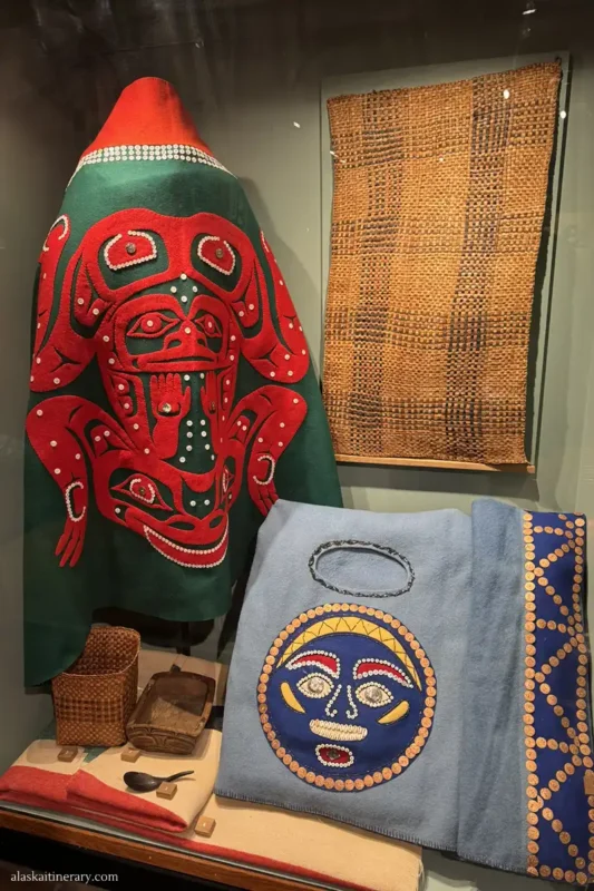 Native Alaskan clothes and ornaments in Heritage Museum.