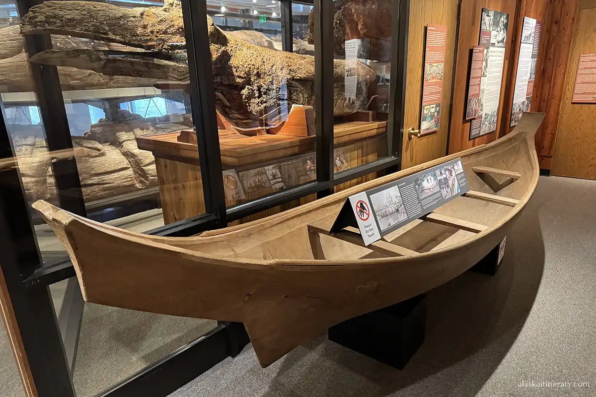 Wooden canoe created by Indigenous Peoples in Heritage museum in Ketchikkan.