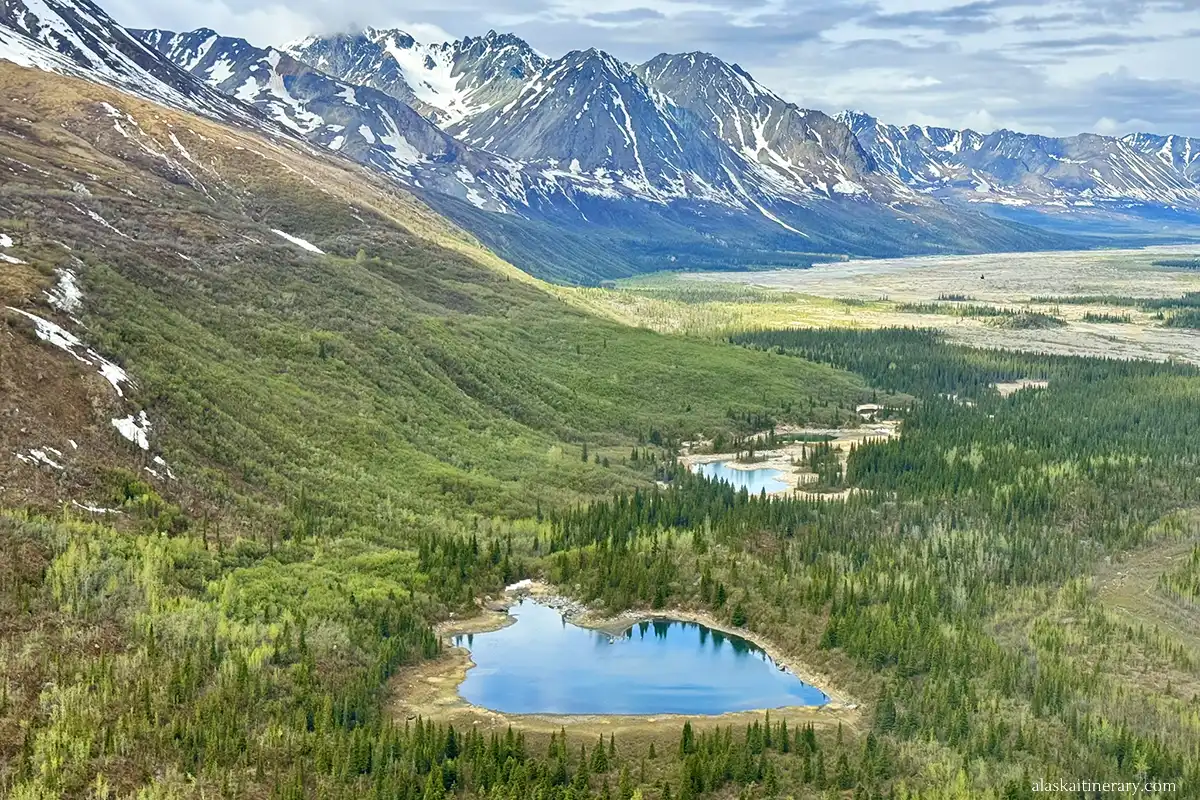 Denali National Park: scenic mountain and lake view during backcountry trip.