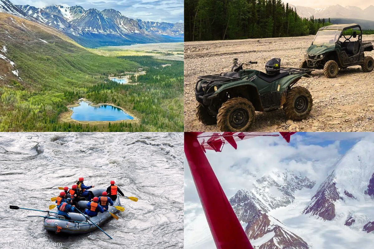 Photo collage with best Denali tours: rafting, flightseeing, ATV tours, hiking.