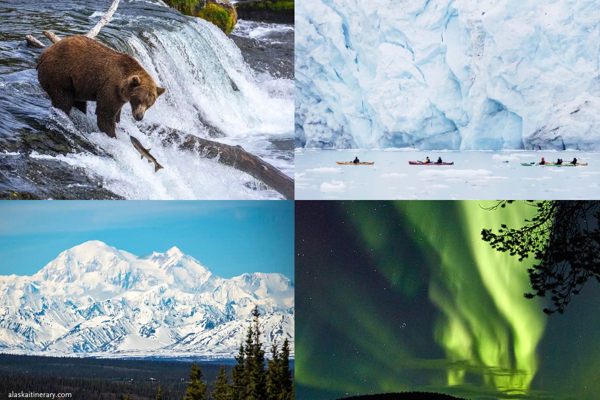 Alaska bucket list ideas: bear viewing, glacier kayaking, aurora viewing and mountain hikes.