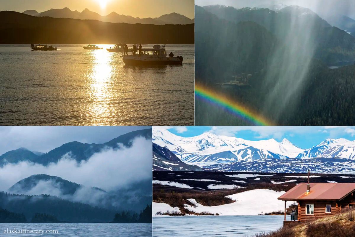 Photo collage with Alaska weather from different regions: fog, rain, snow, sun in Far North, Southcentral and Southeast Alaska.