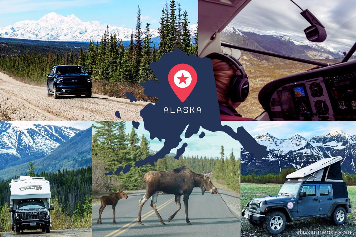 Photo collage with alaska map on it, transportation option: bush plane, RV, car, safty tips and moose on the road.