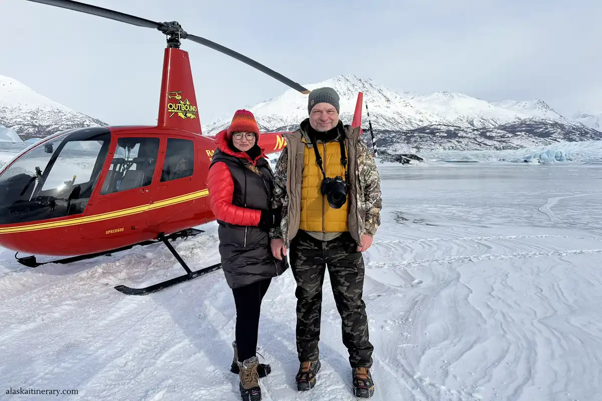 Agnes Stabinska, the author, with her partner Chris during Knik Glacier helicopter tour.
