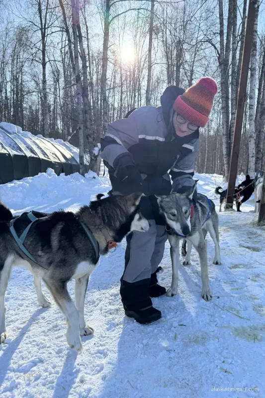Agnes Stabinska, the author, with dogs during dog sledding tour.