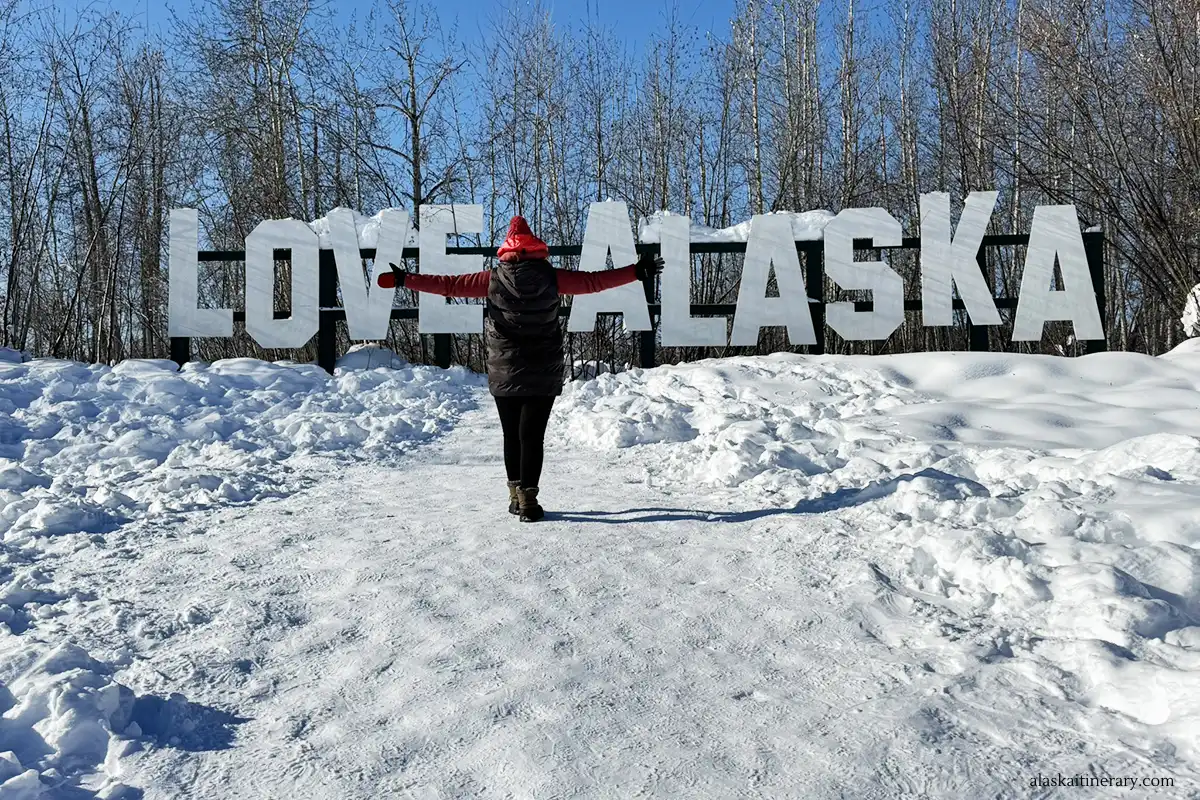 Love Alaska sign in Fairbanks in winter scenery.