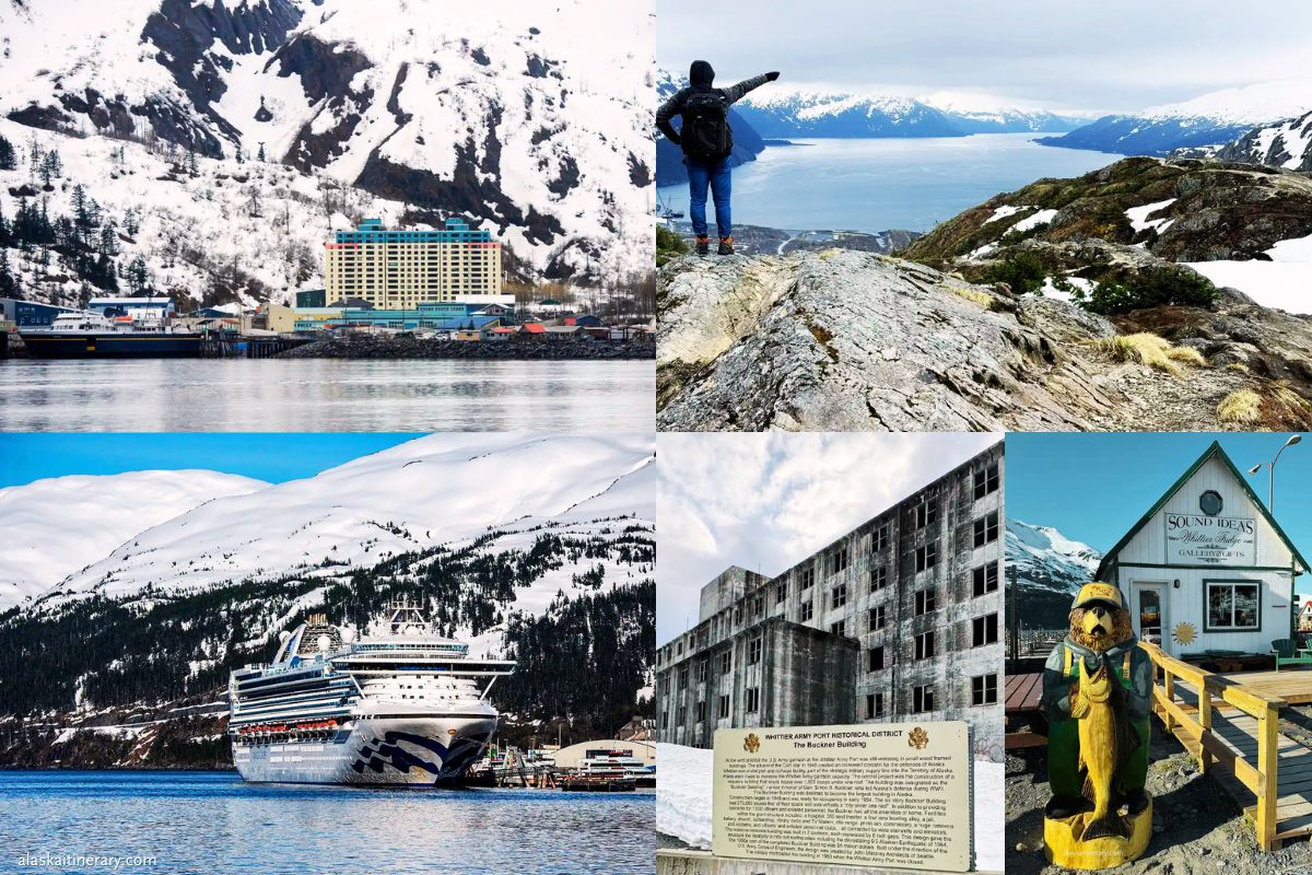 Whittier Travel Guide: photo collage with the Buckenr Building, the cruise port and cruise ship, Portage Pass trail and Prince William Sound.