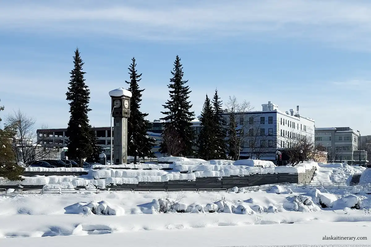 Downtown Fairbanks covered by snow.