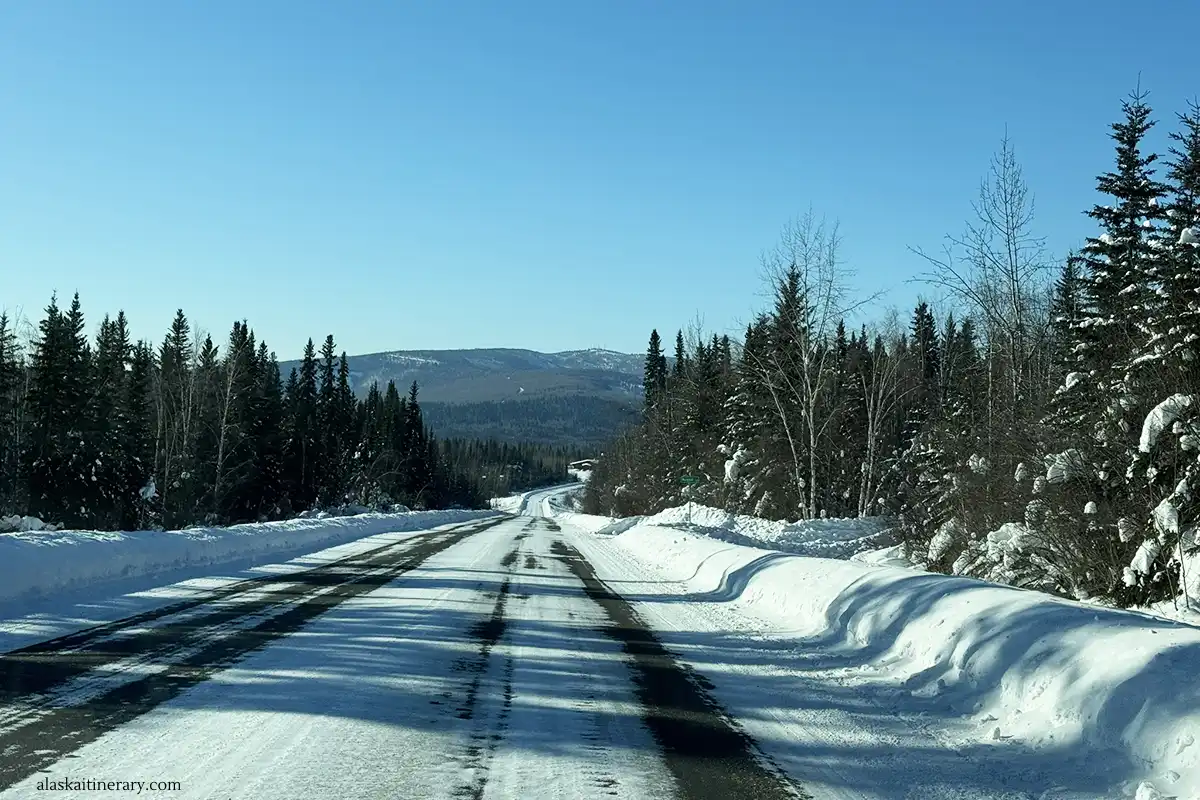 Road in Fairbanks covered by snow and ice.