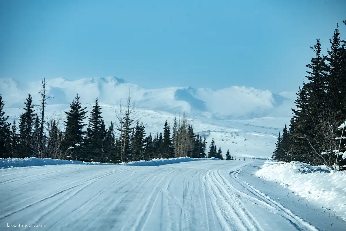 Denali Park Road covered by snow.