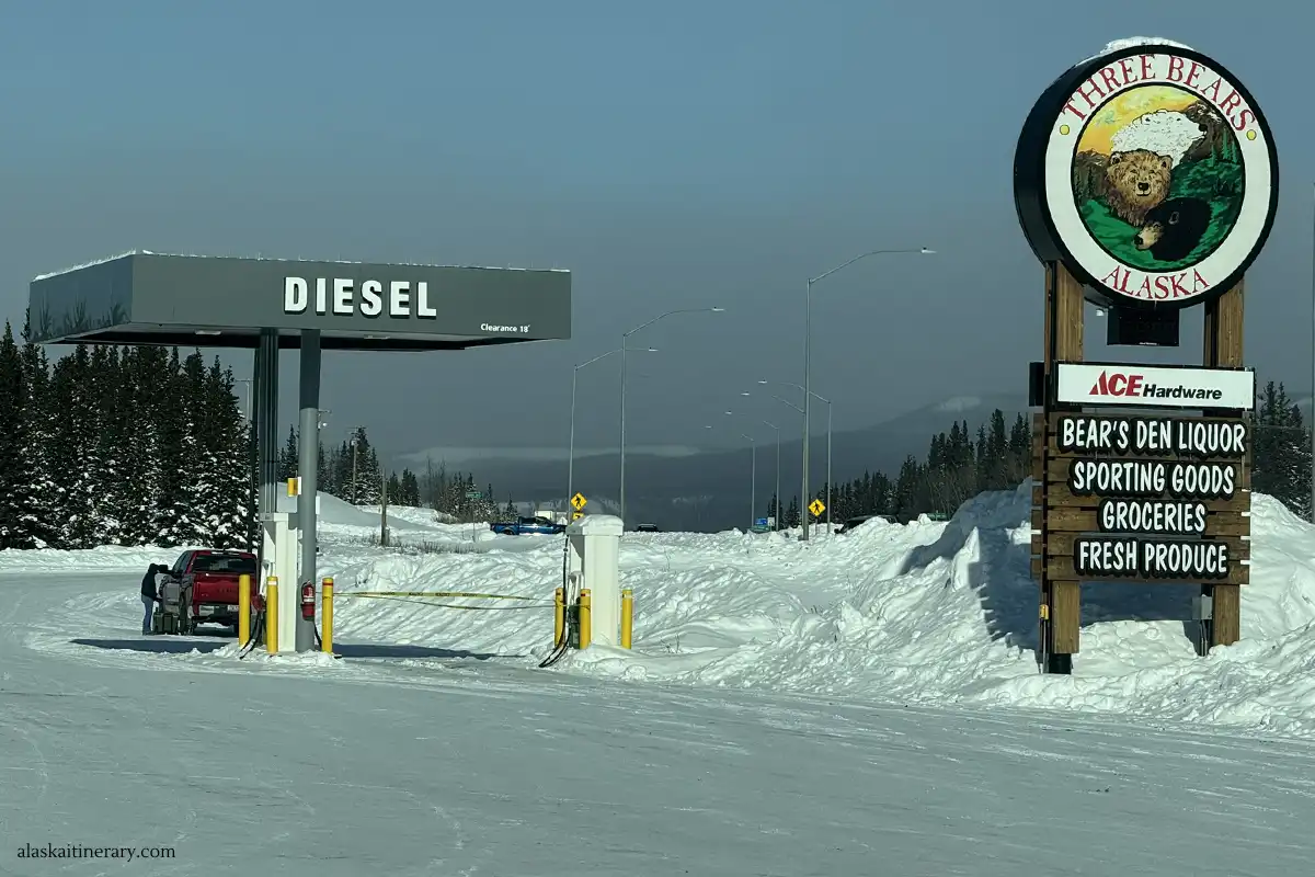 Gas station in Healy in winter.