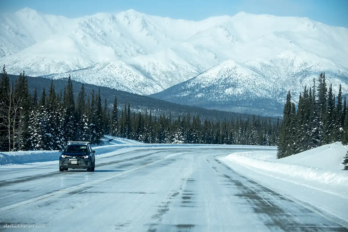 Parks Highway coverde by ice and snow.