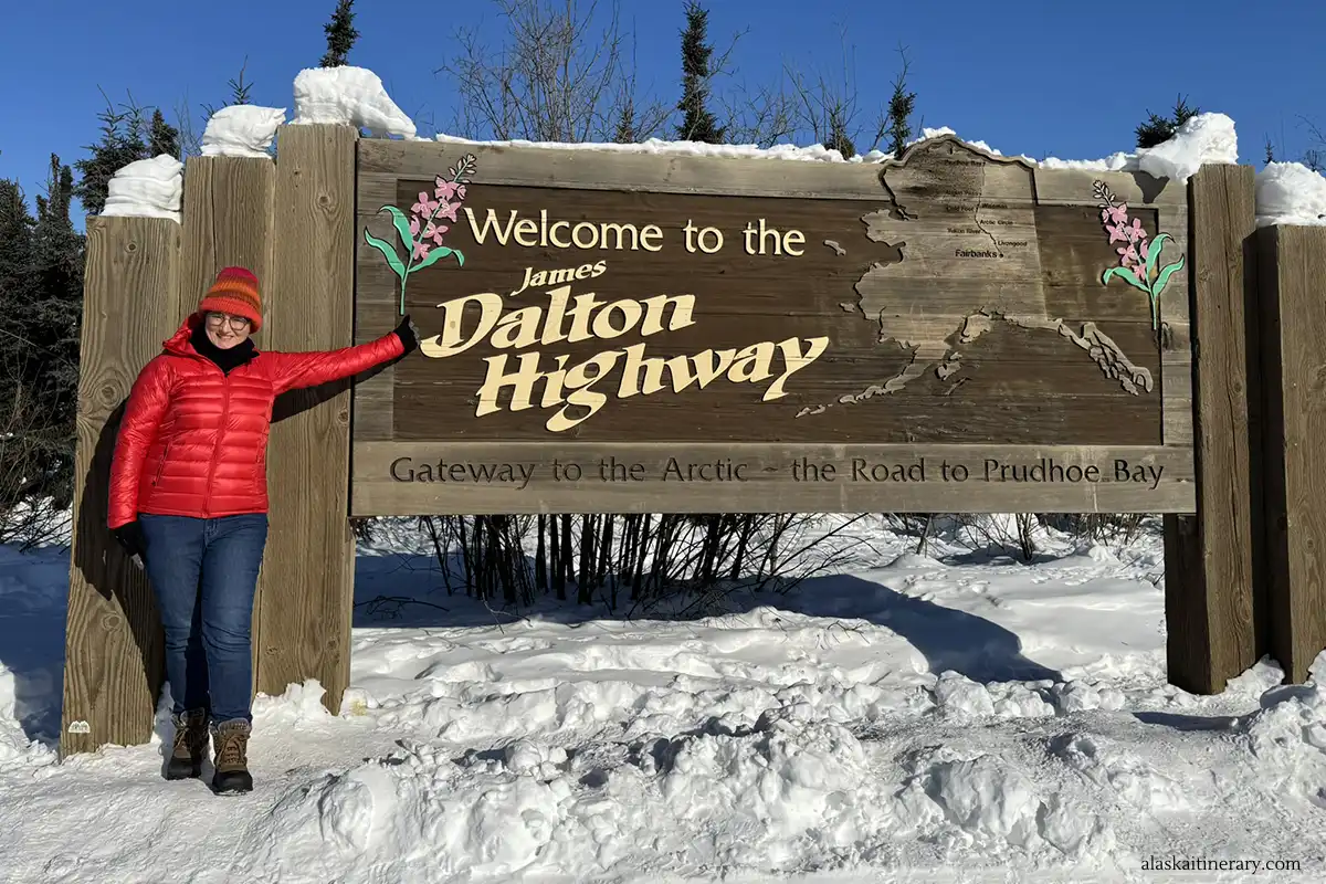 Agnes on Dalton Highway in winter.