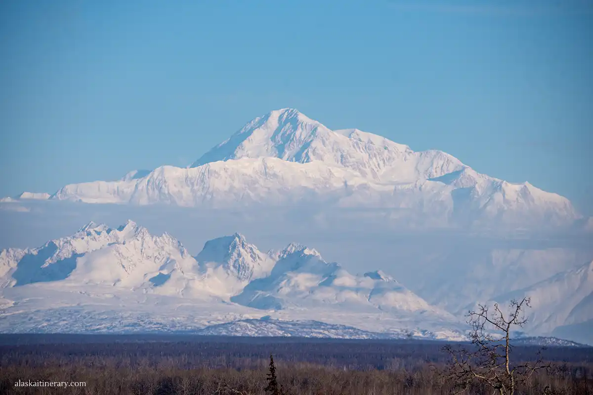 The view of Denali peak (Mount McKinlay) from Talkeetna Alaskan Lodge.