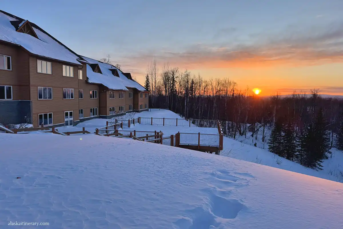 Sunset view from Talkeetna Alaskan Lodge in winter.